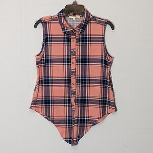 WOMEN'S "Wishful Park" Pink Plaid Sleeveless Flannel, Tie-At-Waist Top; Size M